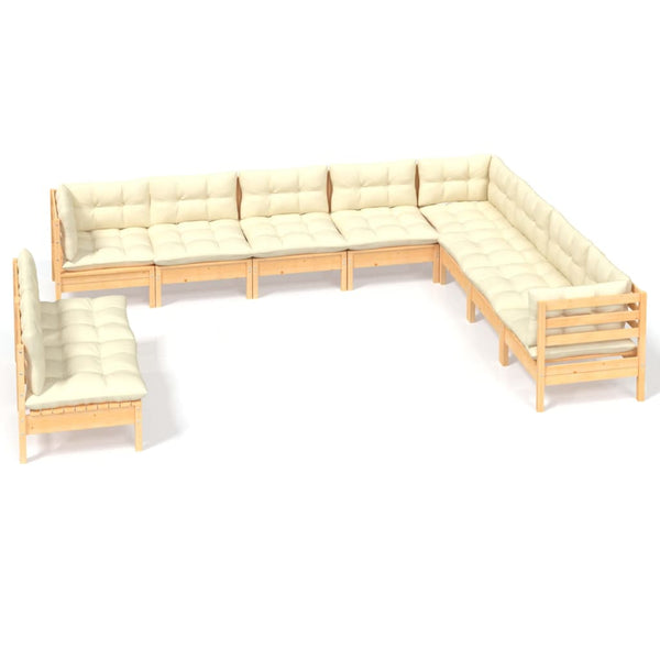 vidaXL 10-piece Garden Lounge Set with Cream Cushions Solid Pine Wood