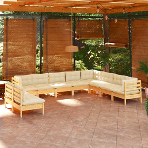 vidaXL 10-piece Garden Lounge Set with Cream Cushions Solid Pine Wood