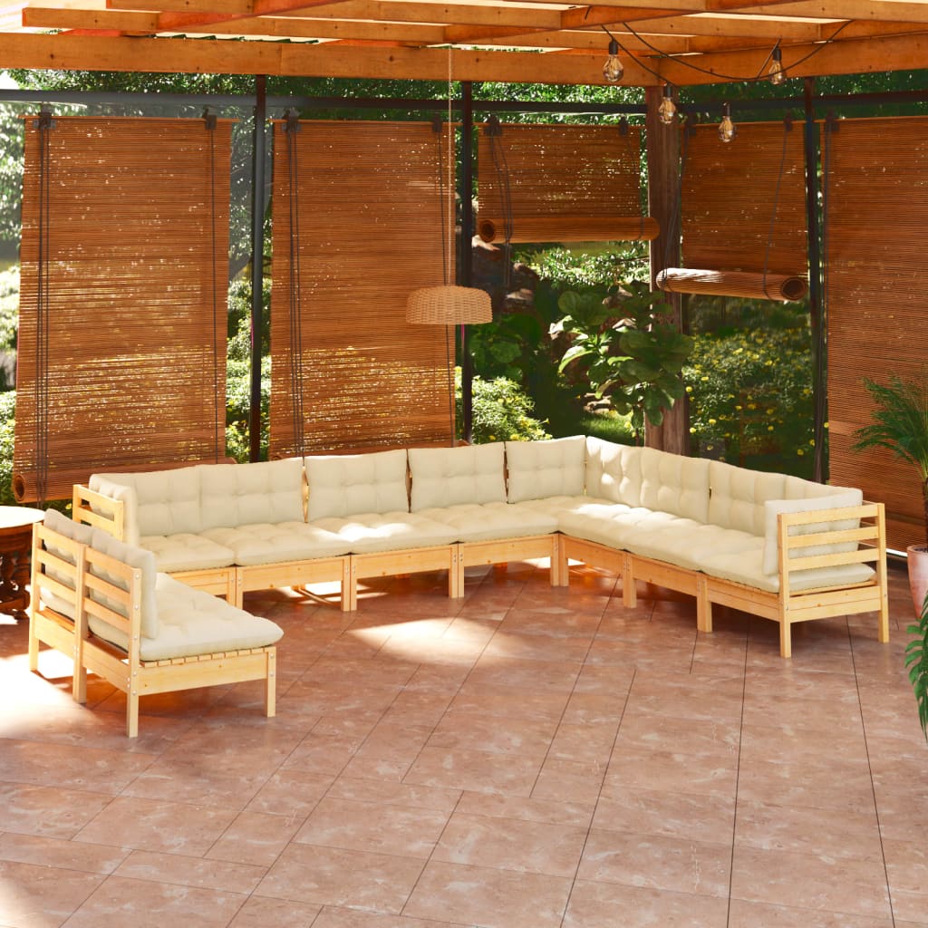 vidaXL 10-piece Garden Lounge Set with Cream Cushions Solid Pine Wood