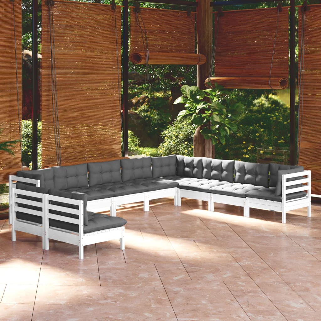 vidaXL 10-piece Garden Lounge Set with Cushions White Solid Pine Wood