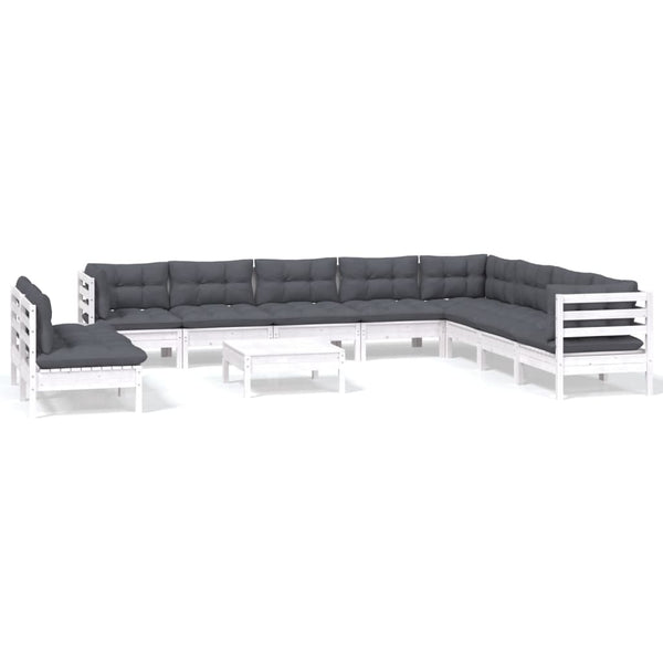 vidaXL 11-pc. Garden Lounge Set with Cushions White Solid Pine Wood