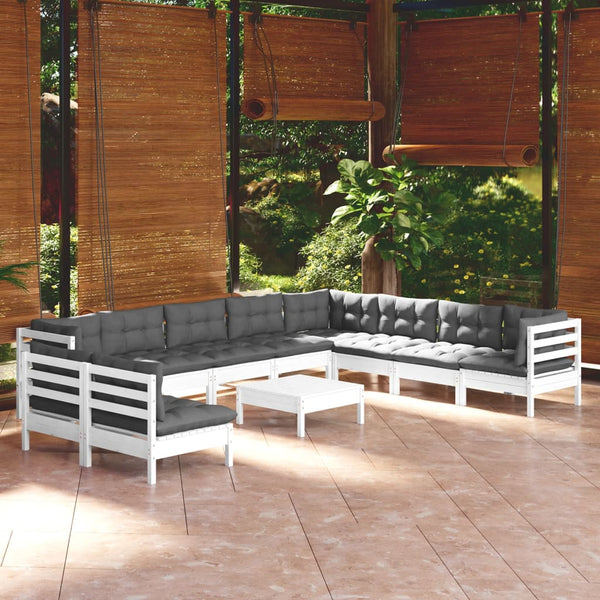 vidaXL 11-pc. Garden Lounge Set with Cushions White Solid Pine Wood