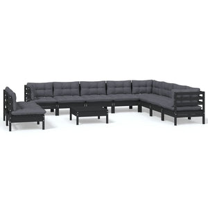 vidaXL 11-Piece Garden Lounge Set with Cushions Black Solid Pine Wood