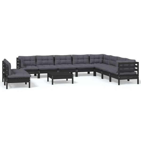 vidaXL 11-Piece Garden Lounge Set with Cushions Black Solid Pine Wood