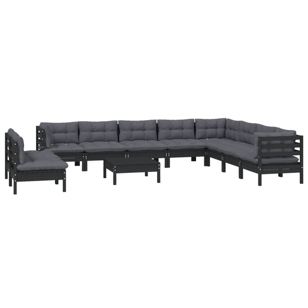 vidaXL 11-Piece Garden Lounge Set with Cushions Black Solid Pine Wood