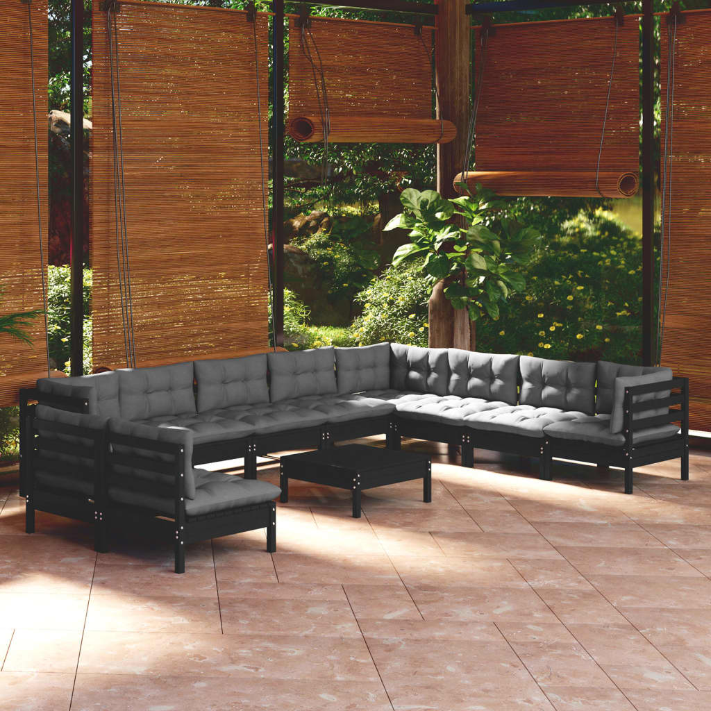 vidaXL 11-Piece Garden Lounge Set with Cushions Black Solid Pine Wood