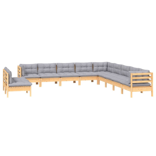 vidaXL 11-Piece Garden Lounge Set with Grey Cushions Solid Pine Wood