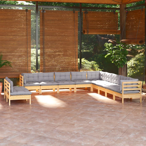 vidaXL 11-Piece Garden Lounge Set with Grey Cushions Solid Pine Wood
