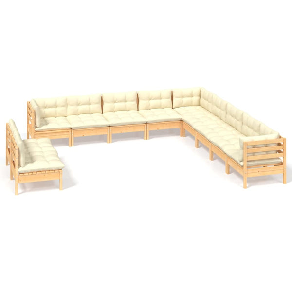 vidaXL 11-Piece Garden Lounge Set with Cream Cushions Solid Pine Wood