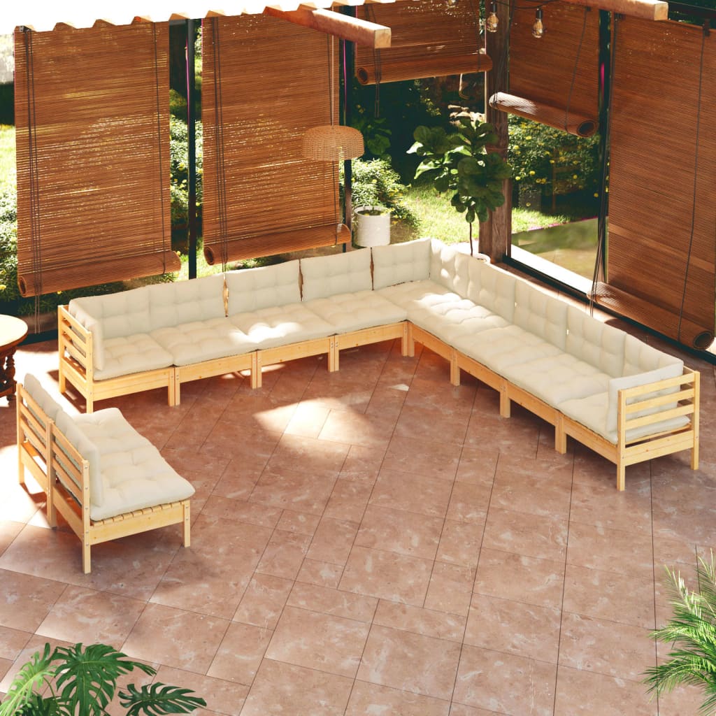 vidaXL 11-Piece Garden Lounge Set with Cream Cushions Solid Pine Wood