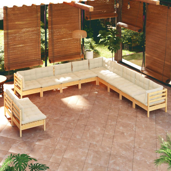 vidaXL 11-Piece Garden Lounge Set with Cream Cushions Solid Pine Wood
