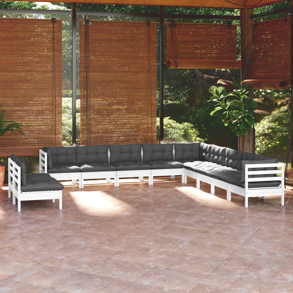 vidaXL 11-pc. Garden Lounge Set with Cushions White Solid Pine Wood