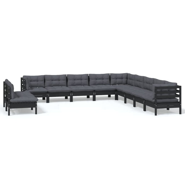 vidaXL 11-Piece Garden Lounge Set with Cushions Black Solid Pine Wood