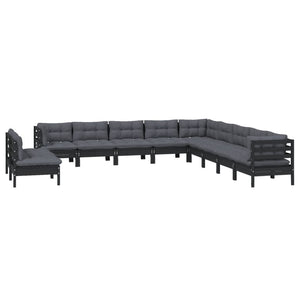 vidaXL 11-Piece Garden Lounge Set with Cushions Black Solid Pine Wood