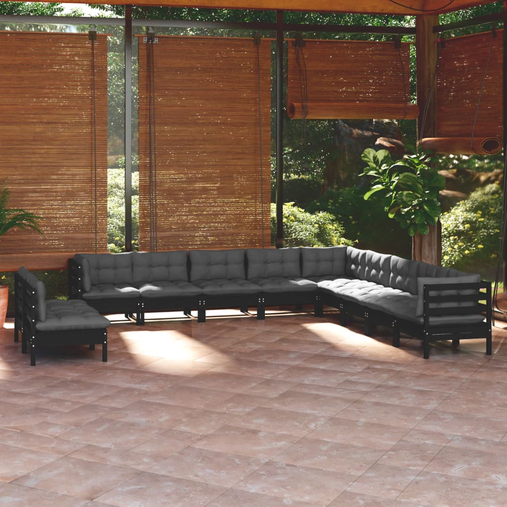 vidaXL 11-Piece Garden Lounge Set with Cushions Black Solid Pine Wood