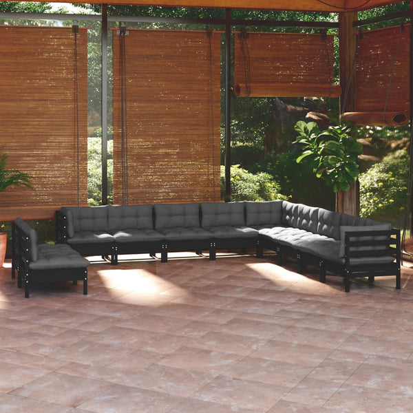 vidaXL 11-Piece Garden Lounge Set with Cushions Black Solid Pine Wood