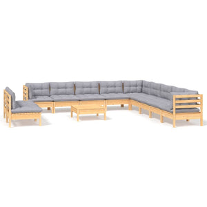 vidaXL 12-piece Garden Lounge Set with Grey Cushions Solid Pine Wood