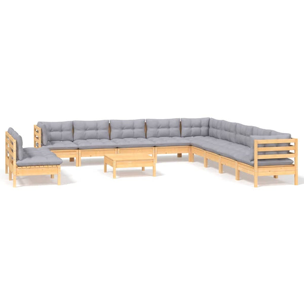 vidaXL 12-piece Garden Lounge Set with Grey Cushions Solid Pine Wood