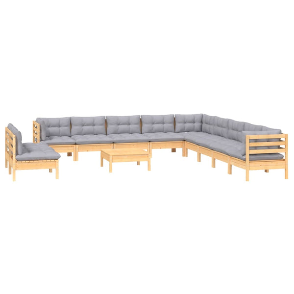 vidaXL 12-piece Garden Lounge Set with Grey Cushions Solid Pine Wood