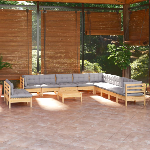 vidaXL 12-piece Garden Lounge Set with Grey Cushions Solid Pine Wood