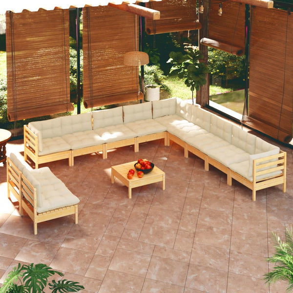 vidaXL 12-piece Garden Lounge Set with Cream Cushions Solid Pine Wood