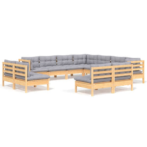 vidaXL 11-Piece Garden Lounge Set with Grey Cushions Solid Pinewood