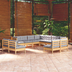 vidaXL 11-Piece Garden Lounge Set with Grey Cushions Solid Pinewood