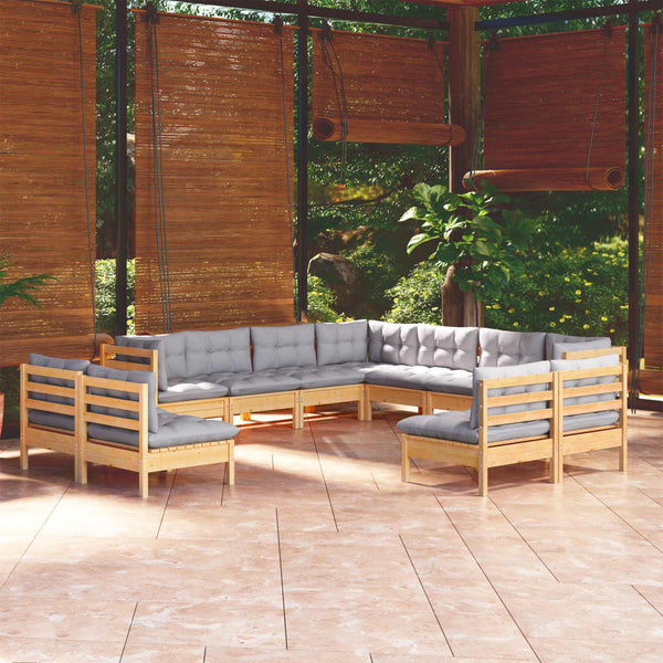 vidaXL 11-Piece Garden Lounge Set with Grey Cushions Solid Pinewood