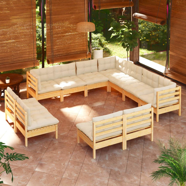 vidaXL 11-Piece Garden Lounge Set with Cream Cushions Solid Pine Wood