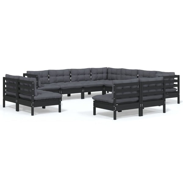 vidaXL 11-Piece Garden Lounge Set with Cushions Black Solid Pine Wood
