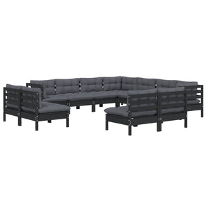 vidaXL 11-Piece Garden Lounge Set with Cushions Black Solid Pine Wood