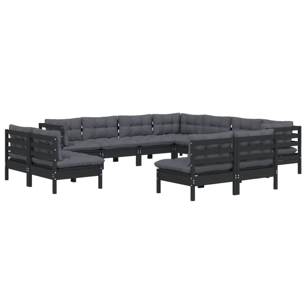 vidaXL 11-Piece Garden Lounge Set with Cushions Black Solid Pine Wood