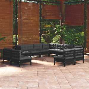 vidaXL 11-Piece Garden Lounge Set with Cushions Black Solid Pine Wood