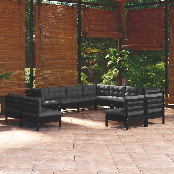 vidaXL 11-Piece Garden Lounge Set with Cushions Black Solid Pine Wood