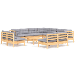 vidaXL 12-piece Garden Lounge Set with Grey Cushions Solid Pine Wood