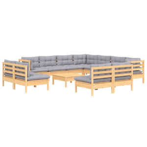 vidaXL 12-piece Garden Lounge Set with Grey Cushions Solid Pine Wood