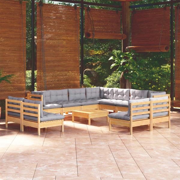 vidaXL 12-piece Garden Lounge Set with Grey Cushions Solid Pine Wood