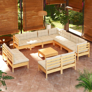 vidaXL 12-piece Garden Lounge Set with Cream Cushions Solid Pine Wood