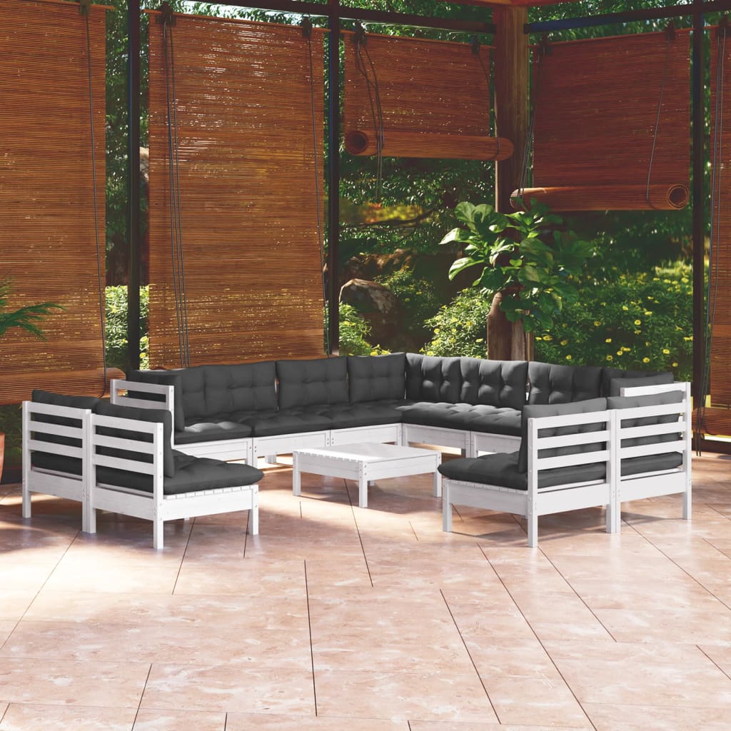vidaXL 12-piece Garden Lounge Set with Cushions White Solid Pine Wood