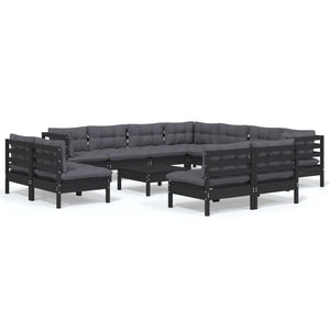 vidaXL 12-Piece Garden Lounge Set with Cushions Black Solid Pine Wood