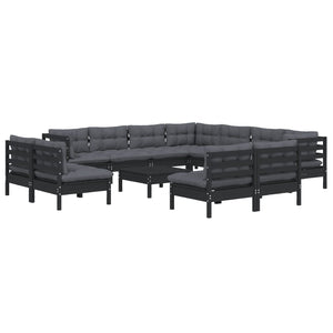 vidaXL 12-Piece Garden Lounge Set with Cushions Black Solid Pine Wood