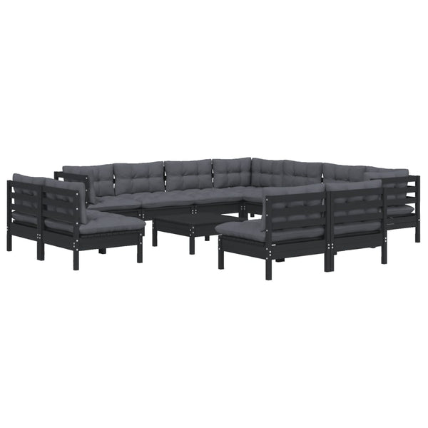vidaXL 12-Piece Garden Lounge Set with Cushions Black Solid Pine Wood