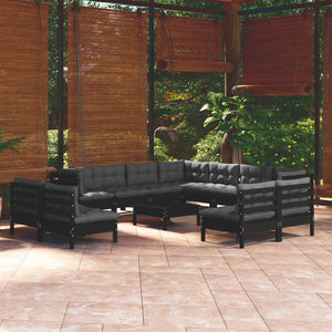 vidaXL 12-Piece Garden Lounge Set with Cushions Black Solid Pine Wood