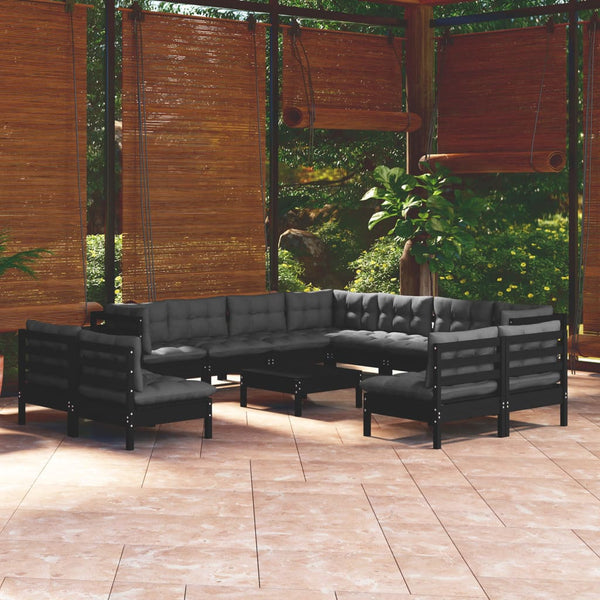 vidaXL 12-Piece Garden Lounge Set with Cushions Black Solid Pine Wood