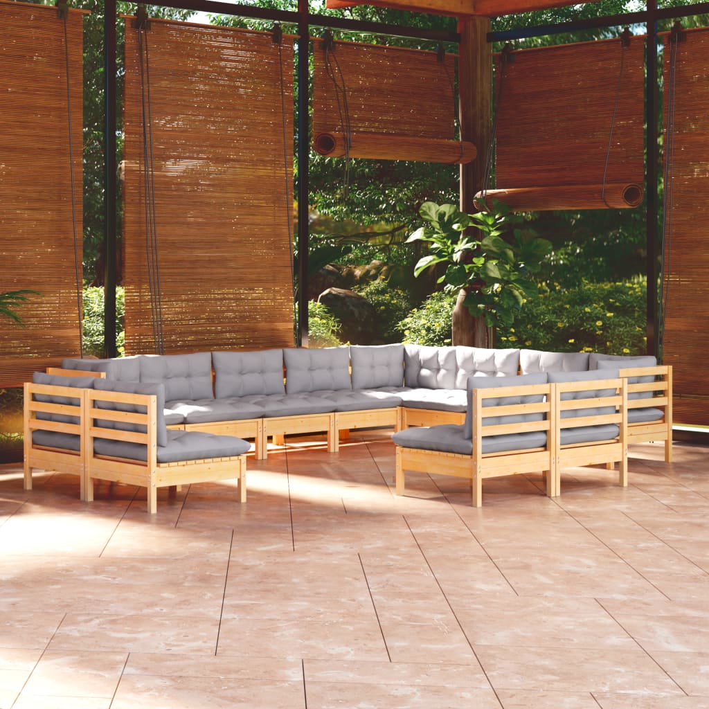 vidaXL 12-piece Garden Lounge Set with Grey Cushions Solid Pine Wood