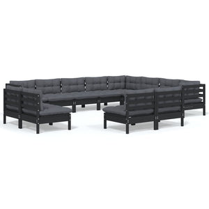 vidaXL 12-Piece Garden Lounge Set with Cushions Black Solid Pine Wood