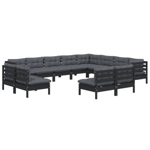vidaXL 12-Piece Garden Lounge Set with Cushions Black Solid Pine Wood