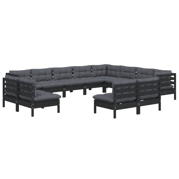 vidaXL 12-Piece Garden Lounge Set with Cushions Black Solid Pine Wood