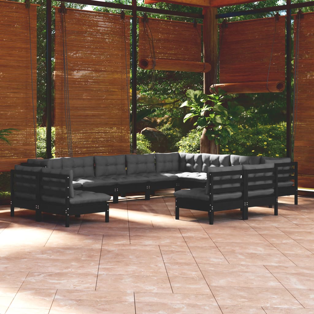 vidaXL 12-Piece Garden Lounge Set with Cushions Black Solid Pine Wood