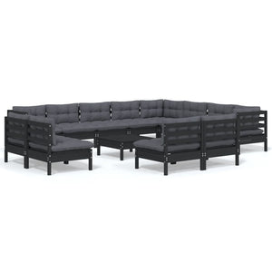 vidaXL 13-Piece Garden Lounge Set with Cushions Black Solid Pine Wood